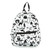 Comeco Spooky Nights Collage Mini Backpack, black and white Halloween-themed backpack with spooky and playful illustrations of pumpkins, bats, ghosts, cats, and haunted houses.