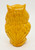 Unknown Vintage Plastic Owl with Ruby Red Jewel Eyes 3-Inch Figurine Made in Hong Kong, yellow plastic owl figurine with detailed feather carvings.