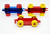 LEGO DUPLO Car Base 2 x 6, lot of 3, colorful toy train chassis with red and blue bases and yellow wheels.