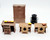 BANDAI Bandai 1986 Maple Town Story School Furniture Set, miniature wooden school desks, chairs, a black lantern, and a storage box, vintage children's toy from 1986.