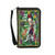 Sleepyville Critters Unibrow Girl Wristlet in Vinyl, colorful and artistic wallet featuring a cartoon girl with unibrow, surrounded by flowers, animals, and decorative elements.