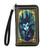 Sleepyville Critters Book of Villains Vinyl Wallet, stylish villain-inspired accessory featuring a dark, enchanting illustration of a villain character with a raven, ornate gold details, and a black wrist strap.