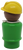 Fisher Price Original Little People toy figure of an African-American construction worker with a plastic medium green body and yellow hard hat.  The figure has black dot eyes, black line eyebrows, downward angled nose and closed mouth smile.  The figure was in #679 Garage Squad (1984-1988), #680 Little People Assortment and #945 Offshore Cargo Base.