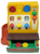 Fisher-Price #926 cash register variation without Litho on back. Plastic cash register with a red base and an orange-ish (plastic) upper housing. The register has a brown coin shelf on the front, a green cash drawer under the coin shelf, a red coin-return chute on the side, a green crank handle on the other side, and woodgrain lithos.