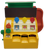 Fisher-Price #926 cash register variation without Litho on back. Plastic cash register with a red base and an orange-ish (plastic) upper housing. The register has a brown coin shelf on the front, a green cash drawer under the coin shelf, a red coin-return chute on the side, a green crank handle on the other side, and woodgrain lithos.