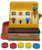 Fisher-Price #926 cash register variation without Litho on back. Plastic cash register with a red base and an orange-ish (plastic) upper housing. The register has a brown coin shelf on the front, a green cash drawer under the coin shelf, a red coin-return chute on the side, a green crank handle on the other side, and woodgrain lithos.