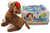 Vintage Nomura Toys (TN) mechanical acrobat puppy that is brown with white and was made in Japan.  The puppy is wearing a red collar and hat and goes through 4 different actions illustrated on the box.