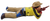 Plastic cowboy wind up toy with rifle that belly crawls.  The cowboy is 7-inches long wearing a yellow with brown stripes down arms shirt.  He also wears a brown hat, brown pants and brown shoes.  His holster for pistol is blue and the soles of his boots are blue.
