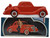 AVON 1936 Ford Oland After Shave Bottle (Empty), vintage red toy car shaped bottle with retro style, placed on top of its original box featuring an illustration of a red vintage car and a man in period clothing.