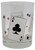 Luminarc card party 13.25 oz. whiskey glass with Jack of Spades, Queen of Diamonds, King of Hearts and Ace of Clubs cards on it.  The glass stands 4-inches tall and ready for a night of cards.