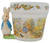 Teleflora 1997 Beatrix Potter Peter Rabbit Ceramic Planter, decorative ceramic planter featuring a colorful illustration of Peter Rabbit in autumn scenery with a bunny figurine attached to the side.