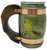 Siesta Ware Ripley's Believe It Or Not! Museum St. Augustine Florida Souvenir Mug, green ceramic mug with decorative wood and metal handle, featuring a yellow graphic of a skeleton with the quote 'Halt All Evil'.
