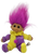 Russ Berrie jester / clown troll doll that sits 5-inches tall with purple hair. The troll is wearing a half purple / half yellow outfit with yellow collar.