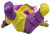Russ Berrie & Co Russ Berrie Jester Clown 5" Troll with Purple Hair, plush toy in yellow, purple, and beige colors, lying on its back.
