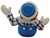 MacMillan Inc. 1988 Raggedy Ann and Andy Raggedy Andy PVC Toy Figure, colorful vintage plastic toy of a dancing clown with a big blue hat, striped shirt, and blue pants.