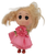 Hard plastic 4.5-inch tall blonde hair doll wearing a pink dress with pink rose on chest. The doll was a keychain.