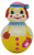 The First Years 1972 Roly Poly Clown toy by Kidde Products Inc. The clown is wearing yellow pants with purple buttons and pocket and red gloves. The clown is wearing a pink hat with blue trim and blue collar. As the clown is moved, the clown makes a metal clinking sound.