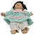 Gi-Go toys brunette girl doll with 2 teeth that measure 11-inches long. The doll has soft Polyester fiber body with rubber head, feet and hands. She is wearing light blue dress with white and pink spots. The dress has pink ribbon and white trim and a white pants under the dress.