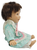 Gi-Go toys brunette girl doll with 2 teeth that measure 11-inches long. The doll has soft Polyester fiber body with rubber head, feet and hands. She is wearing light blue dress with white and pink spots. The dress has pink ribbon and white trim and a white pants under the dress.