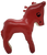 Vintage red & white vinyl stitched toy horse filled with saw dust. The toy horse is red with red mane and tail with white face and belly. The horse also has black eyes and nostrils. The horse is 7-inches long and stands 8-inches tall with a thickness of 2-inches.