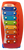 Little Tikes Tap-a-Tune Xylophone toy for toddlers ages 2 & up. The Xylophone is red plastic with handle at top and 2 blue wheels on the bottom. The 8 keys are metal plates with their own colors of the rainbow. The sounds are created when the yellow tool is hit against the keys.