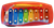Little Tikes Tap-a-Tune Xylophone toy for toddlers ages 2 & up. The Xylophone is red plastic with handle at top and 2 blue wheels on the bottom. The 8 keys are metal plates with their own colors of the rainbow. The sounds are created when the yellow tool is hit against the keys.