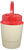 Vintage Pizza Hut 1/2 gallon water jug by Gott Corporation. The jug is tan with red top and handle. The top has Pizza Hut logo and Gott on the red handle. The water jug is model 1502 and Made in United States.