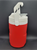 Igloo Laguna 1/2 gallon water cooler jug that is red with white top. The cooler has hooked handles that can hang on a chain link fence. It features a white swing-up carry handle and a secure flip-cap for dispensing.