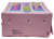 Mattel 1988 Barbie doll/wardrobe pink vinyl carrying case with storefront graphics. The case has hinged lid with turn closure and comes with cardboard dividers and hanging area to hold and separate outfits. The case is 12-inches tall by 10-inches wide and is 5-inches deep.