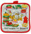 Vintage Garfield "...And lasagna for dessert!" fabric potholder by Giftco. The white with red trim potholder features Garfield in the kitchen wearing chef hat and apron with a stacked sandwich, pizza and cupcakes on the table. The potholder is 8-inches by 8-inches.