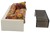 Fisher-Price doll house decorator set #256 Sofa and coffee table.  The set features a white sofa with reddish-orange with large yellow, orange and white flowers on it cushion and a smokey grey plastic coffee table. The cushion is part number FPT8112.