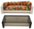 Fisher-Price doll house decorator set #256 Sofa and coffee table.  The set features a white sofa with reddish-orange with large yellow, orange and white flowers on it cushion and a smokey grey plastic coffee table. The cushion is part number FPT8112.