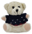 Cream colored 5-inch tall Teddy Bear wearing a blue sweater with white hearts. The bear is 5-inches tall and 5-inches wide and 3-inches deep.