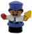 Fisher-Price Current Little People male Hispanic bus driver stamped 2005. The bus driver is wearing white shirt with blue tie and pants with black belt. The driver has a mustache and is holding an apple in right hand and yellow triangular sign in left hand. His uniform also includes silver keys on back of belt and black boots. The figure stands 2.5-inches tall and was part of #77873 Little People School Bus and #77986 Little People School Bus playsets.