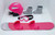 ENERTEC 2010 Sophia's 4-piece snowboard set that includes helmet, goggles, snowboard and boots for 18-inch dolls including American Girl dolls. Features a pink snowboard with integrated bindings, a matching hot-pink helmet with a chin strap, grey boots, and protective snow goggles.