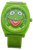 Muppets Men's MU1004 Kermit the Frog Dial Green Plastic Strap Watch, manufactured by Accutime Watch Corporation. Features a vibrant, full-face Kermit the Frog graphic on a green round analog dial with modern indices. Built with a green plastic case and a matching green plastic/polyurethane flexible strap. Accompanied by a custom collector's black and green metal tin box displaying "The Muppets" branding and Kermit's eyes peering from the bottom edge. Powered by a standard battery-operated quartz movement. The watch is classified as not water resistant.