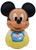 Disney 1984 Mickey Mouse Roly Poly Baby Toy Vintage Disney Wobble Toy, front view of a seated Mickey Mouse figure with black ears, yellow body, blue chest, and silver oval detail on a white background