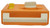 Fisher-Price Vintage Fisher-Price #790 The Candy Man Tote-A-Tune Music Box Radio, rear view of the orange and cream vintage toy radio with yellow and cream controls on top, isolated on a white background.