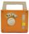 Fisher-Price Vintage Fisher-Price #790 The Candy Man Tote-A-Tune Music Box Radio, orange vintage toy radio with a cream handle, central tuning dial, yellow slider, and illustrated musical display.