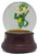PJML Vintage 1999 PJML Notre Dame Musical Snow Globe – Fighting Irish Leprechaun, vintage snow globe featuring a green-and-yellow Fighting Irish leprechaun figurine on a dark wooden base