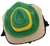Top view of Notre Dame Leprechaun figure’s green hat with yellow band and shamrock