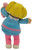 Cabbage Patch Kids 1984 Poseable Rubber Girl Figure, 3.5-inch vintage blonde-haired doll viewed from behind wearing a blue dress with pink dots and trim, pink pants, and white shoes.