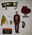 Star Trek Galaxy Collection Cadet Chekov 3.75-inch action figure toy, loose, with accessories including a gold Starfleet emblem, a phaser, a data tablet, a red swivel chair, and a yellow starship badge, all laid out on a white background.