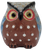 Front view of Wildwood NJ clay owl bank with gold-tone eyes and white dotted brown chest.
