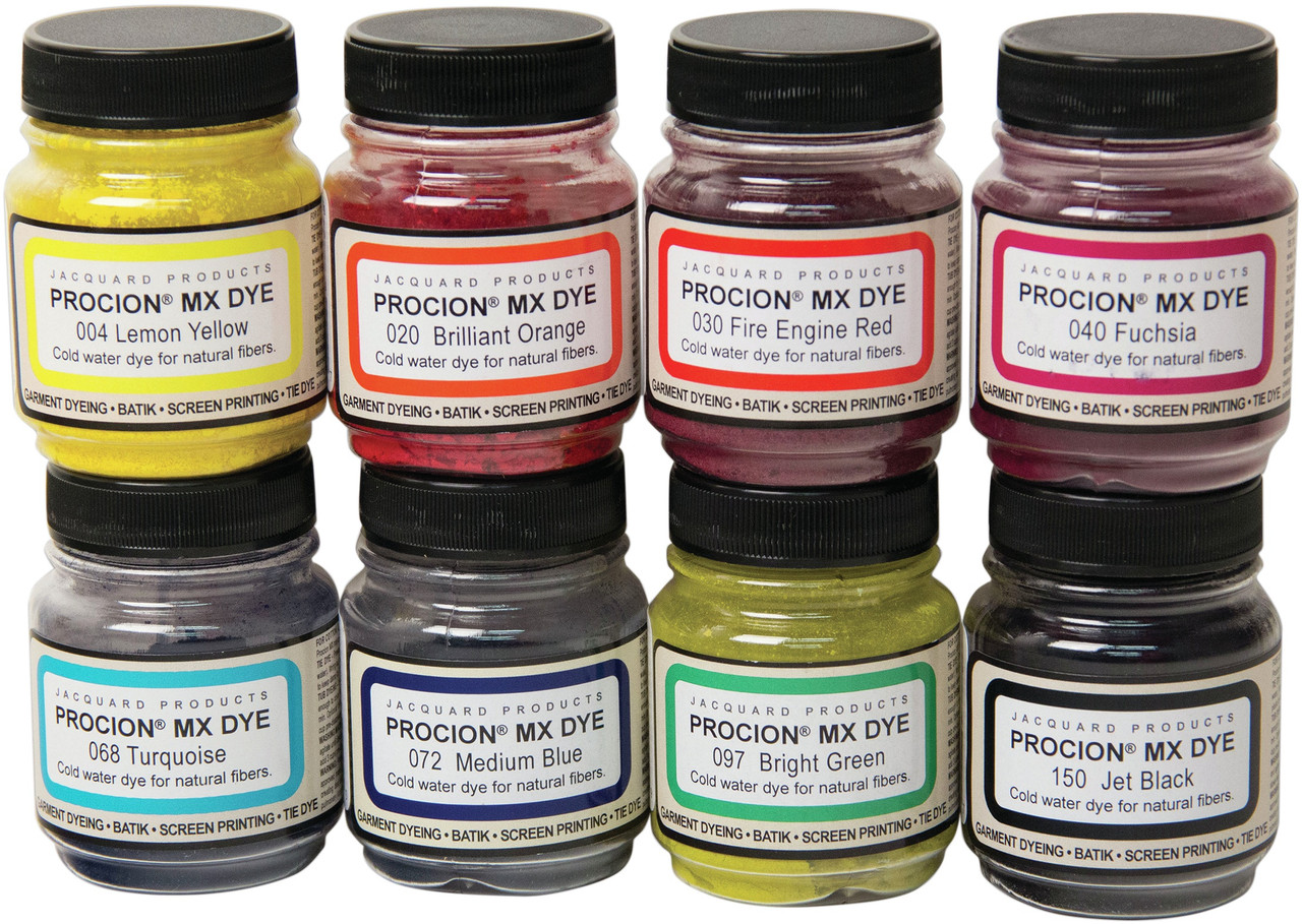 Jacquard Procion Mx Dye 4 Color Set with Soda Ash and Color Mixing Chart -  Lemon Yellow - Fuchsia - Turquoise - Jet Black