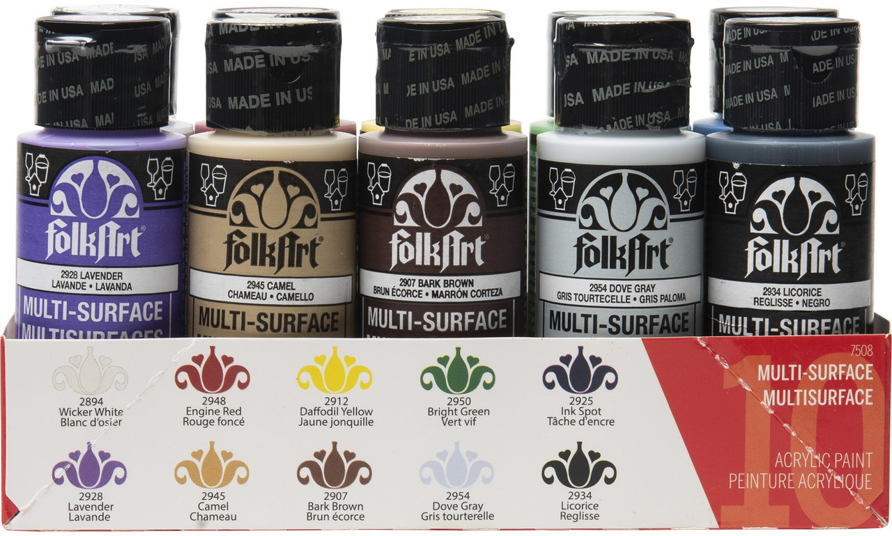 FolkArt 7508E Multi-Surface Satin Finish Acrylic Craft Paint Set of 10 - 30 fl oz