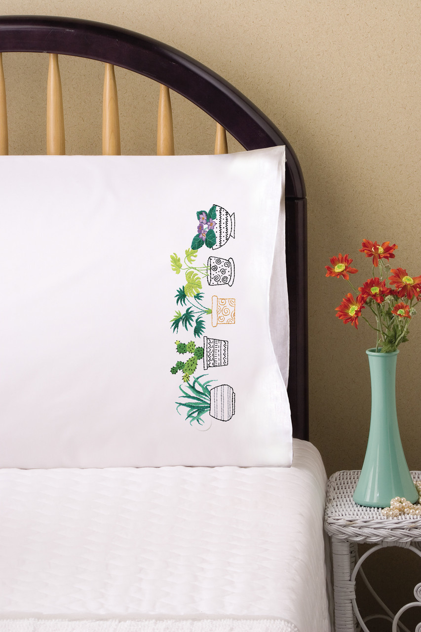 Tobin Stamped for Embroidery Pillowcase Pair 20x30 House Plants