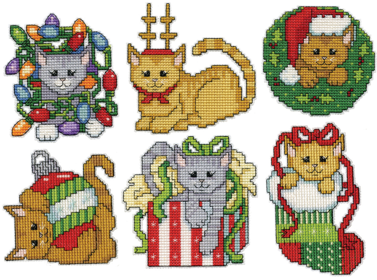 Design Works Plastic Canvas Ornament Kit 3X3.5 Set of 6 Christmas Kittens (14 Count)