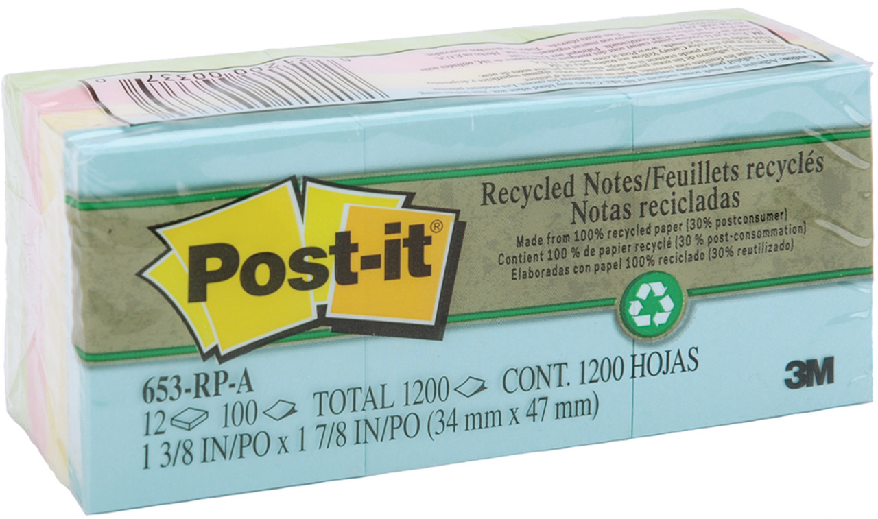 Post-It Recycled Notes 1.38X1.88 12/Pkg-Assorted Pastel Colors 653RPA -  GettyCrafts
