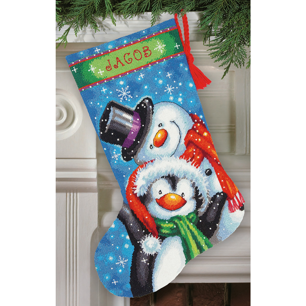 Dimensions Stocking Needlepoint Kit 16 Long-Hugging Penguins Stitched